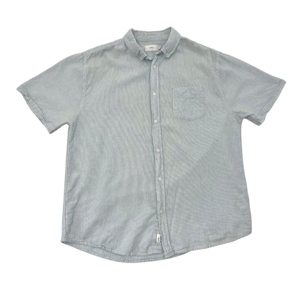 Onia Linen Blend Short Sleeve Button Front Shirt Breathable Blue Stripe size XL